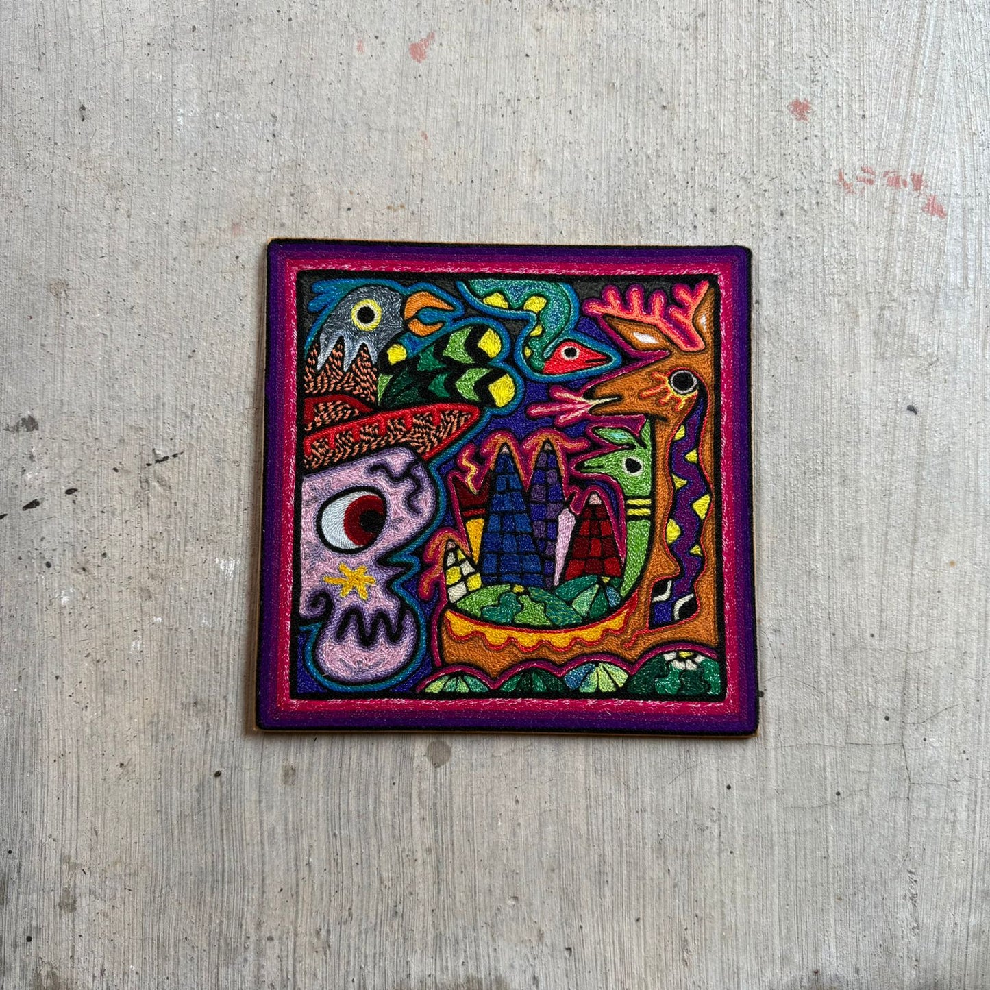 Mexican Folk Art Huichol Indian Yarn Painting by Luis Castro PP9248