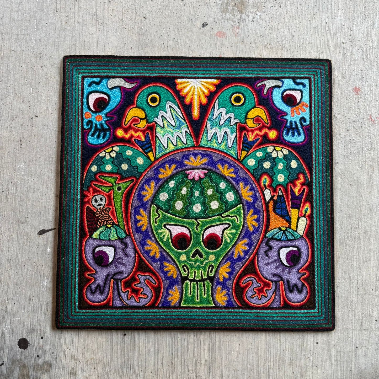 Mexican Folk Art Huichol Indian Yarn Painting by Luis Castro PP9253