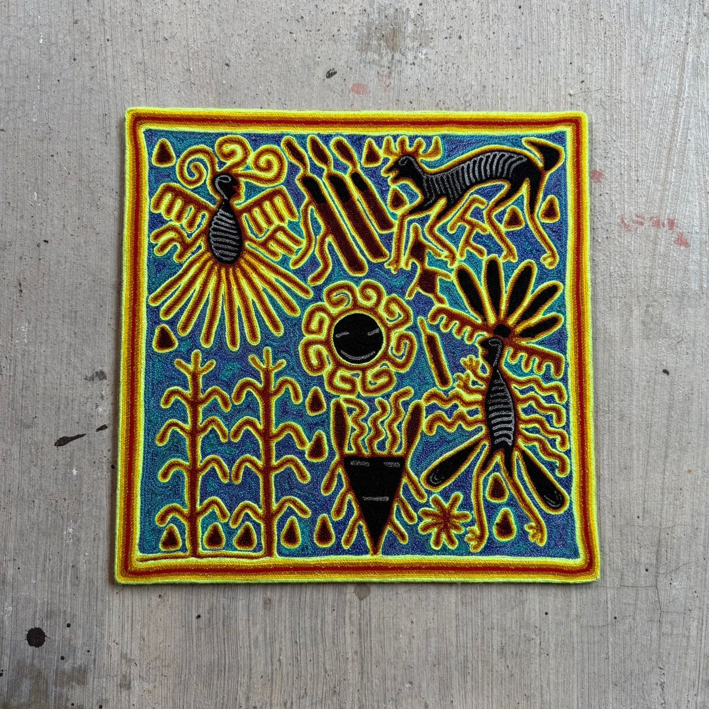 Huichol Indian Mexican Folk Art Yarn Painting by Silverio Gonzalez Rios PP9256