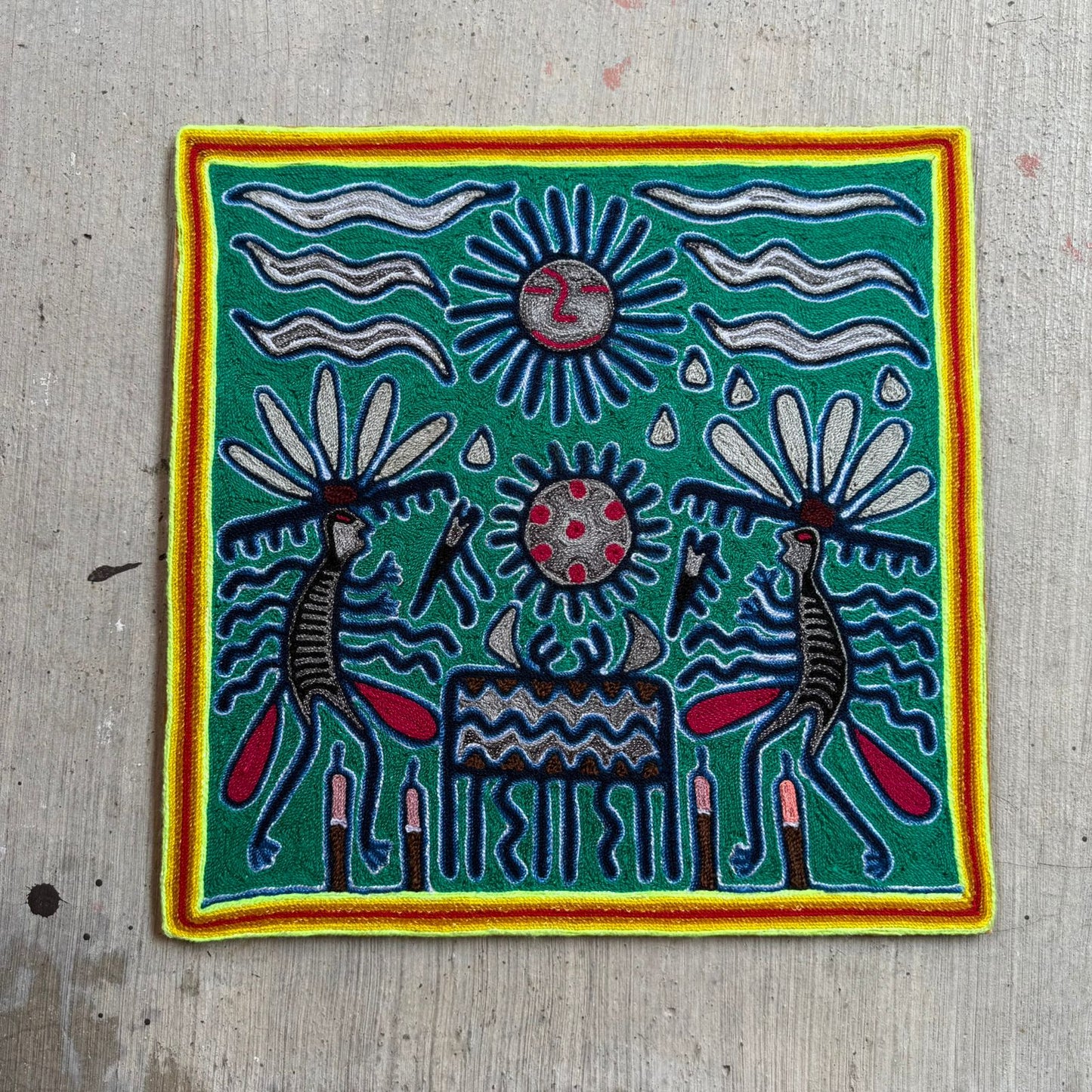 Huichol Indian Mexican Folk Art Yarn Painting by Silverio Gonzalez Rios PP9258