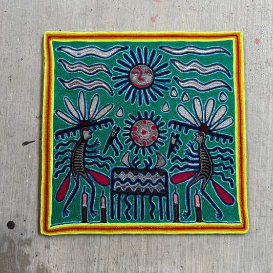 Huichol Indian Mexican Folk Art Yarn Painting by Silverio Gonzalez Rios PP9258