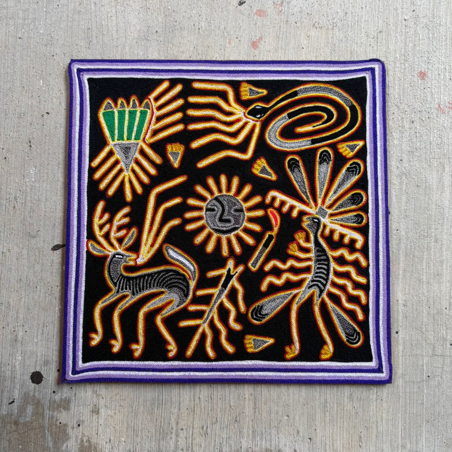 Huichol Indian Mexican Folk Art Yarn Painting by Silverio Gonzalez Rios PP9259
