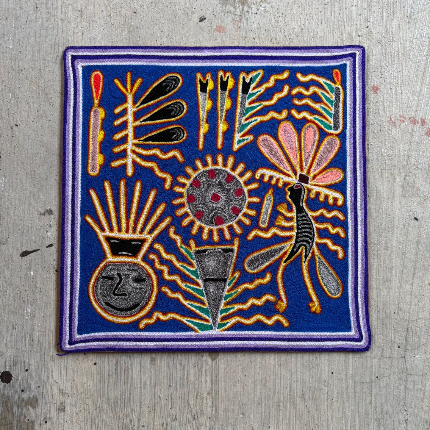 Huichol Indian Mexican Folk Art Yarn Painting by Silverio Gonzalez Rios PP9260