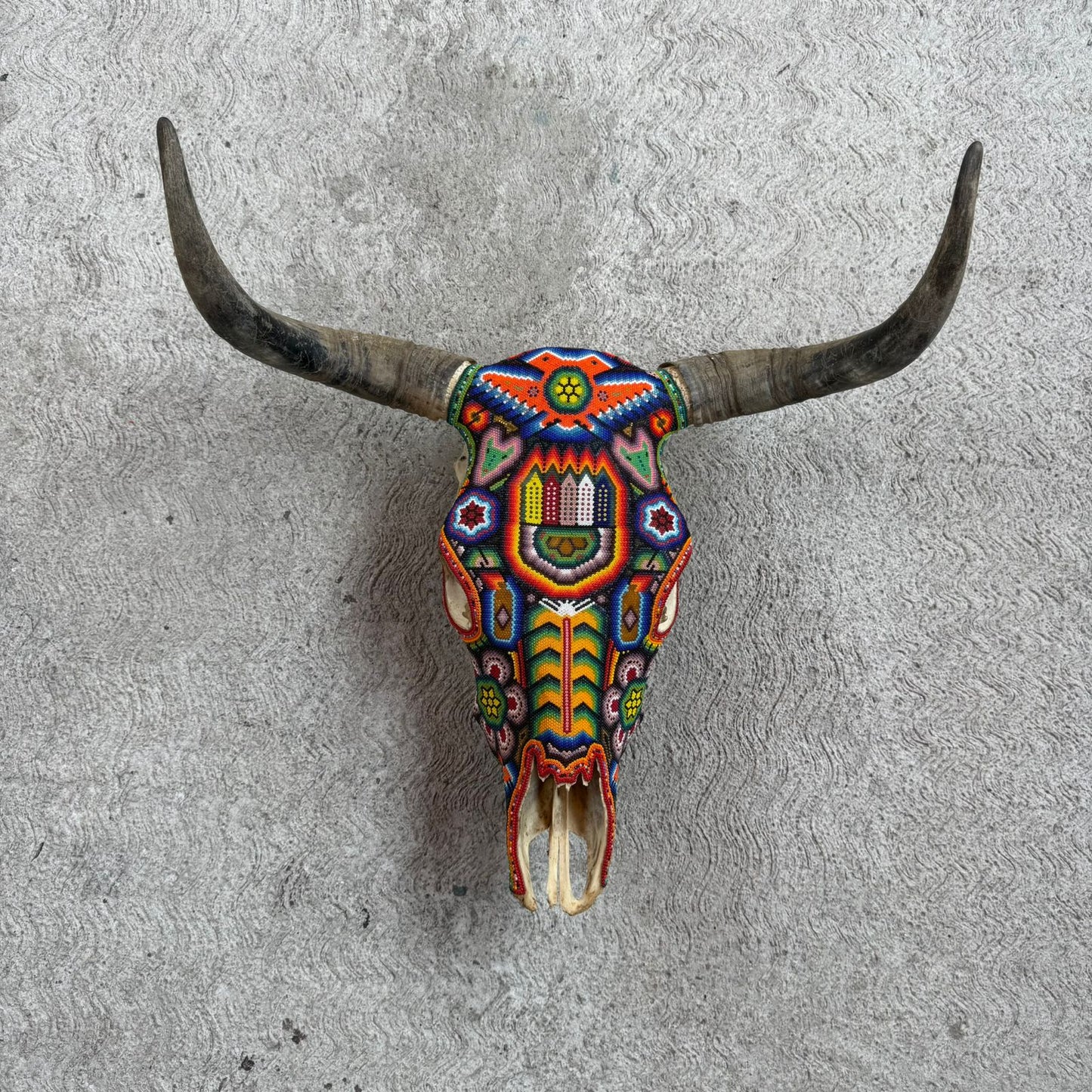 Huichol Indian Hand Beaded Mexican Folk Art Bull Skull By Honorio Villa Lopez PP9262