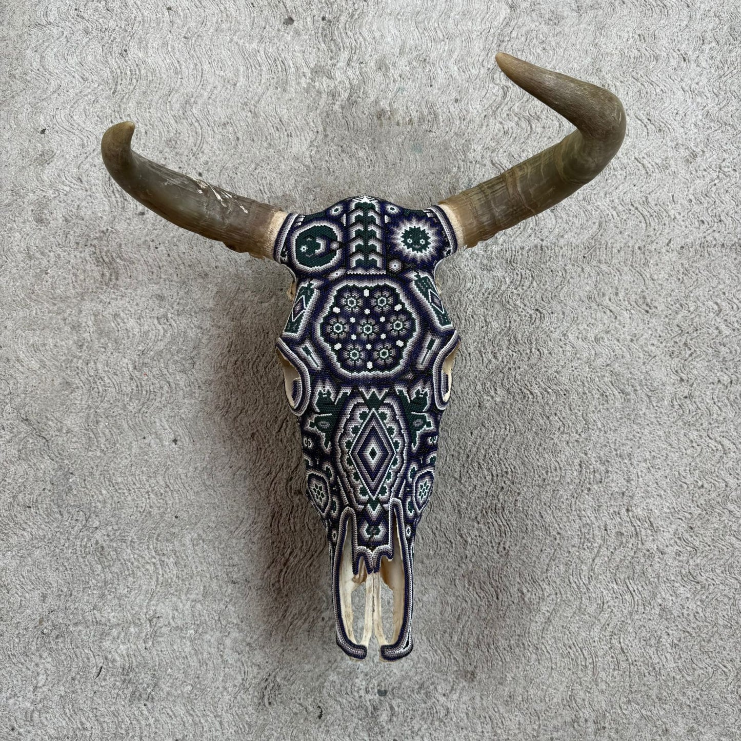 Huichol Indian Hand Beaded Mexican Folk Art Bull Skull By Honorio Villa Lopez PP9263