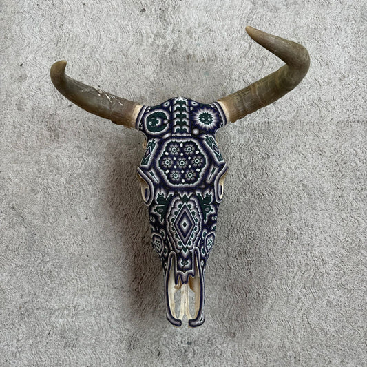 Huichol Indian Hand Beaded Mexican Folk Art Bull Skull By Honorio Villa Lopez PP9263