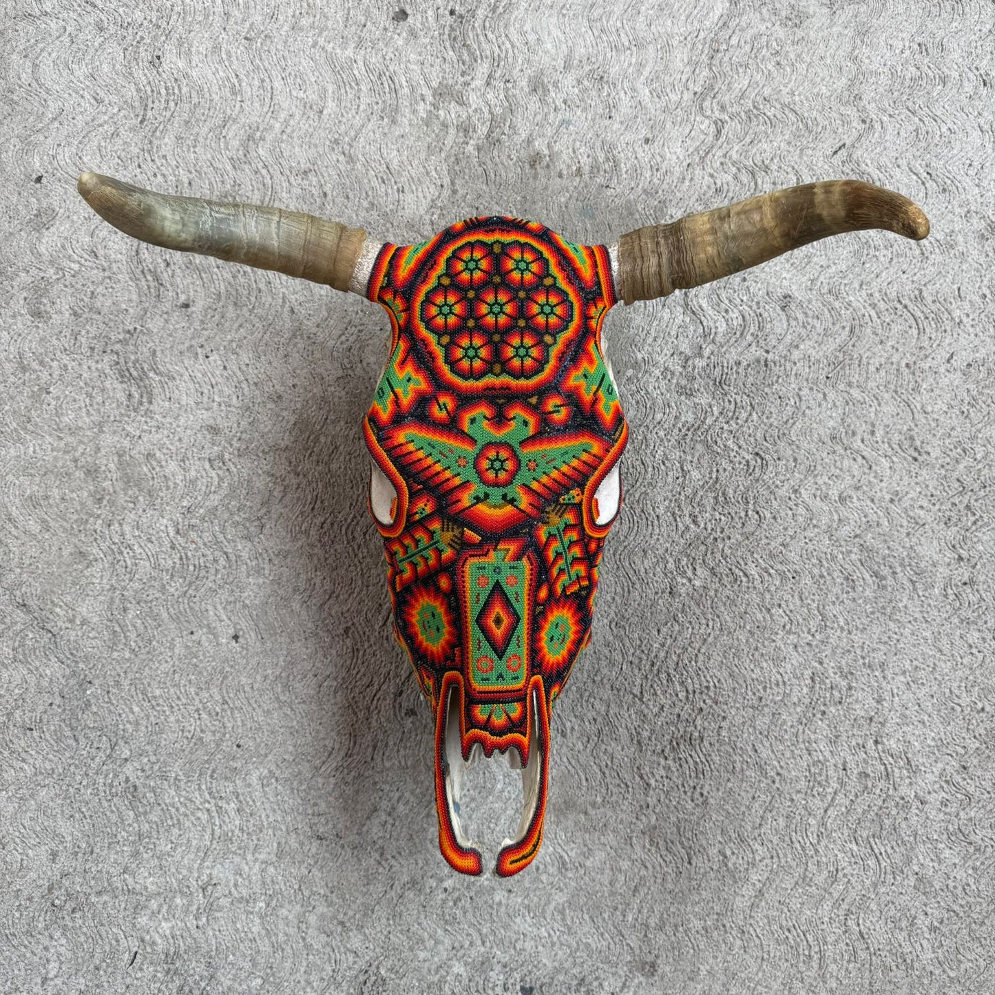 Huichol Indian Hand Beaded Mexican Folk Art Bull Skull By Honorio Villa Lopez PP9264