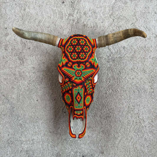 Huichol Indian Hand Beaded Mexican Folk Art Bull Skull By Honorio Villa Lopez PP9264