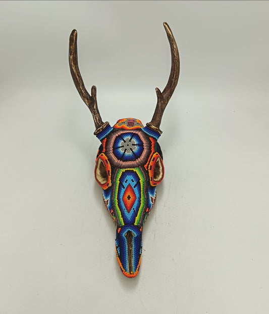 Huichol Hand Beaded Cast Resin Deer Skull By Honorio Villa Lopez PP9265