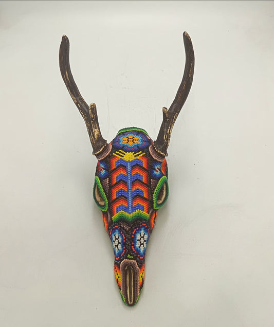 Huichol Hand Beaded Cast Resin Deer Skull By Honorio Villa Lopez PP9266