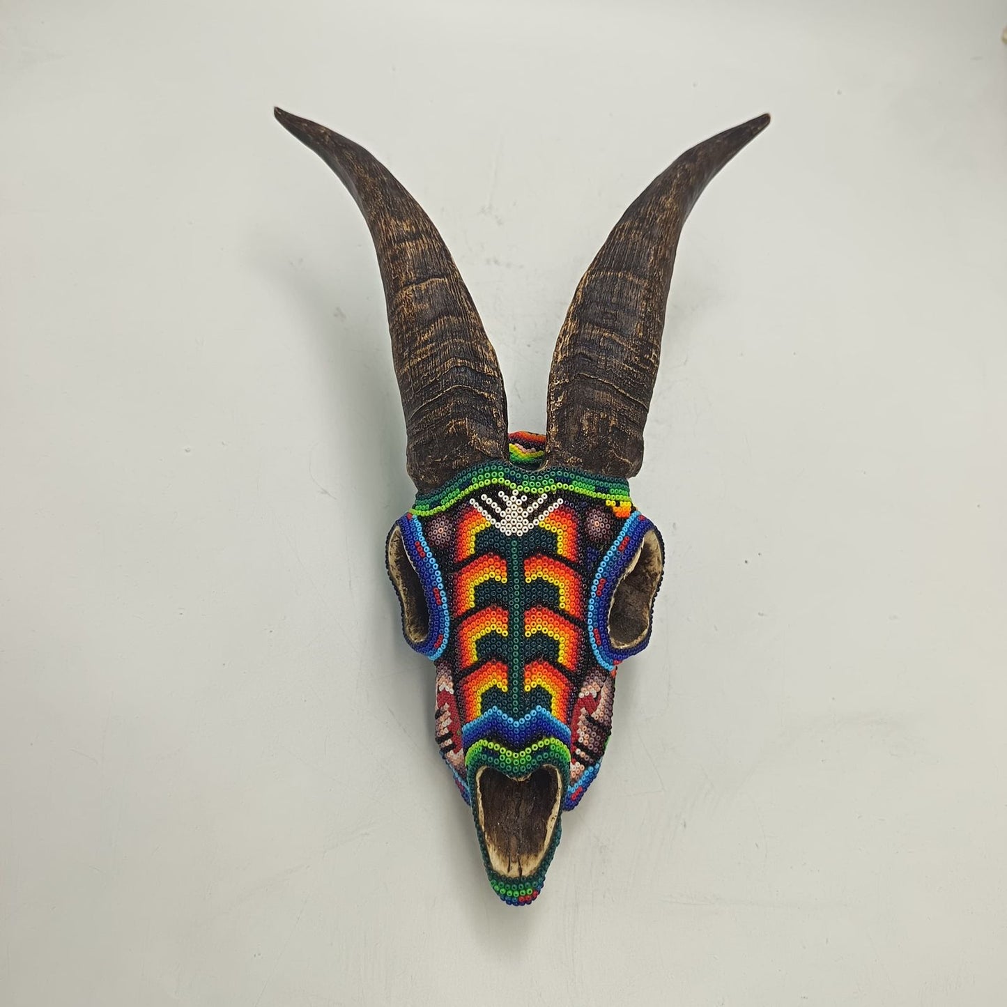 Huichol Hand Beaded Cast Resin Goat Skull By Honorio Villa Lopez PP9267
