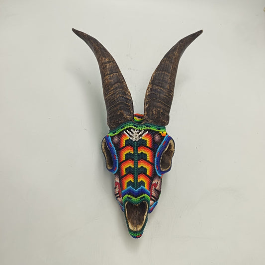 Huichol Hand Beaded Cast Resin Goat Skull By Honorio Villa Lopez PP9267