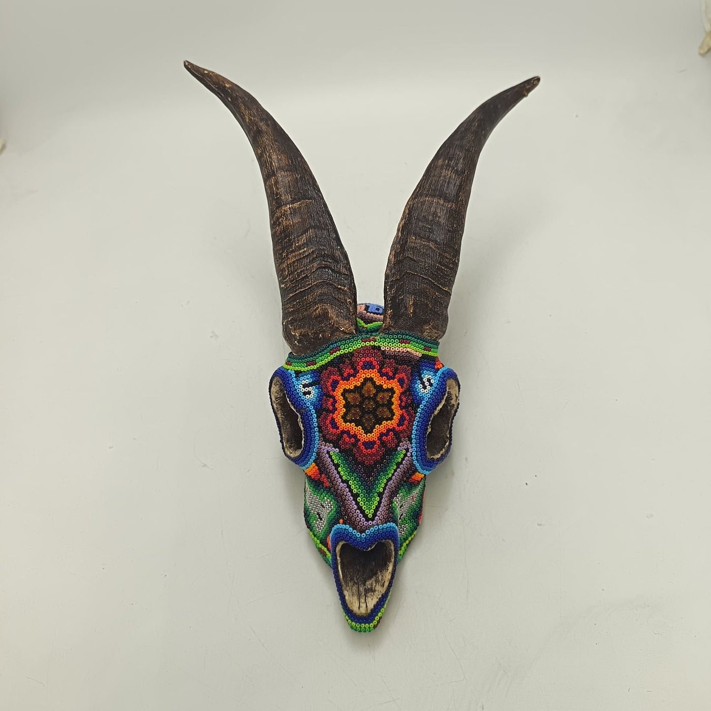 Huichol Hand Beaded Cast Resin Goat Skull By Honorio Villa Lopez PP9268