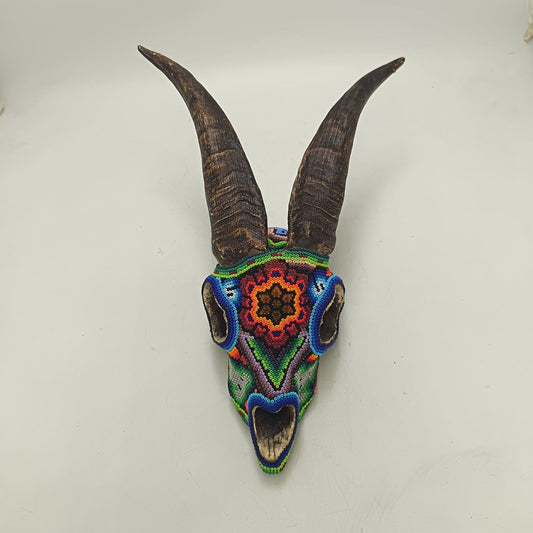 Huichol Hand Beaded Cast Resin Goat Skull By Honorio Villa Lopez PP9268