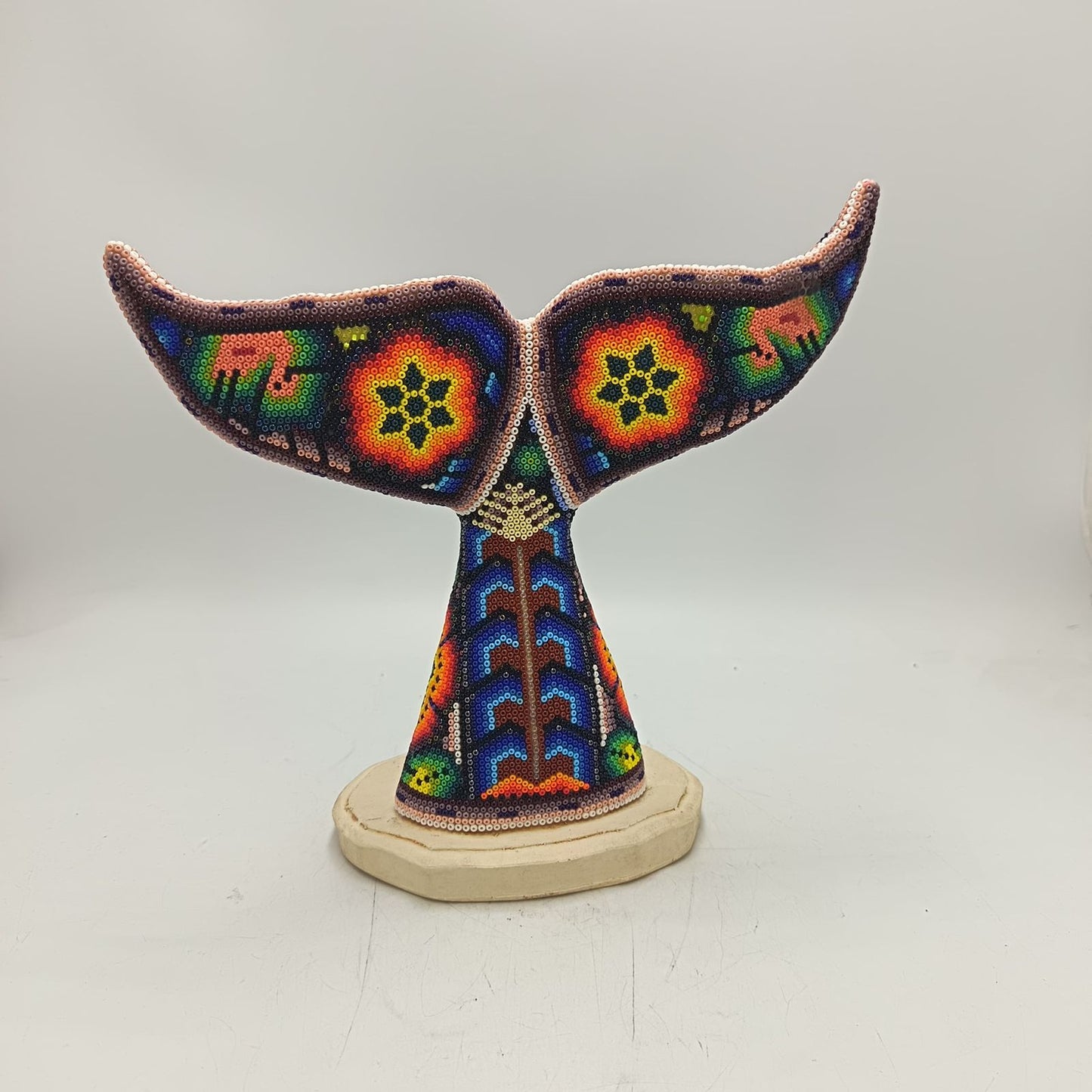 Mexican Folk Art Huichol Beaded Whale Tail By Honorio Villa Lopez PP9276