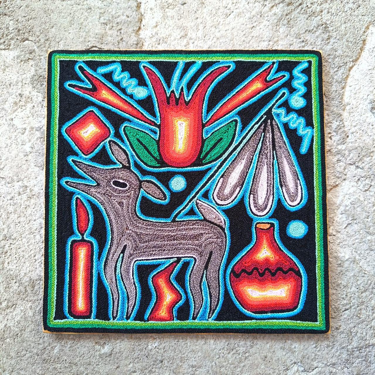 Mexican Folk Art Huichol Yarn Painting by Cooperativa Zitacua PP9308 Oaxaca