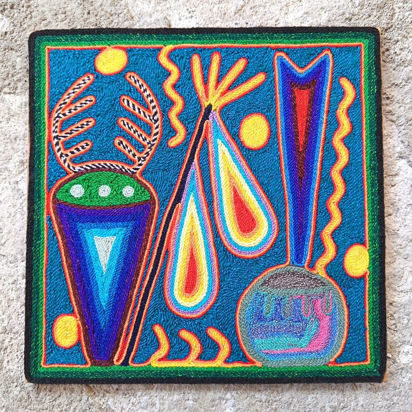 Mexican Folk Art Huichol Yarn Painting by Cooperativa Zitacua PP9316