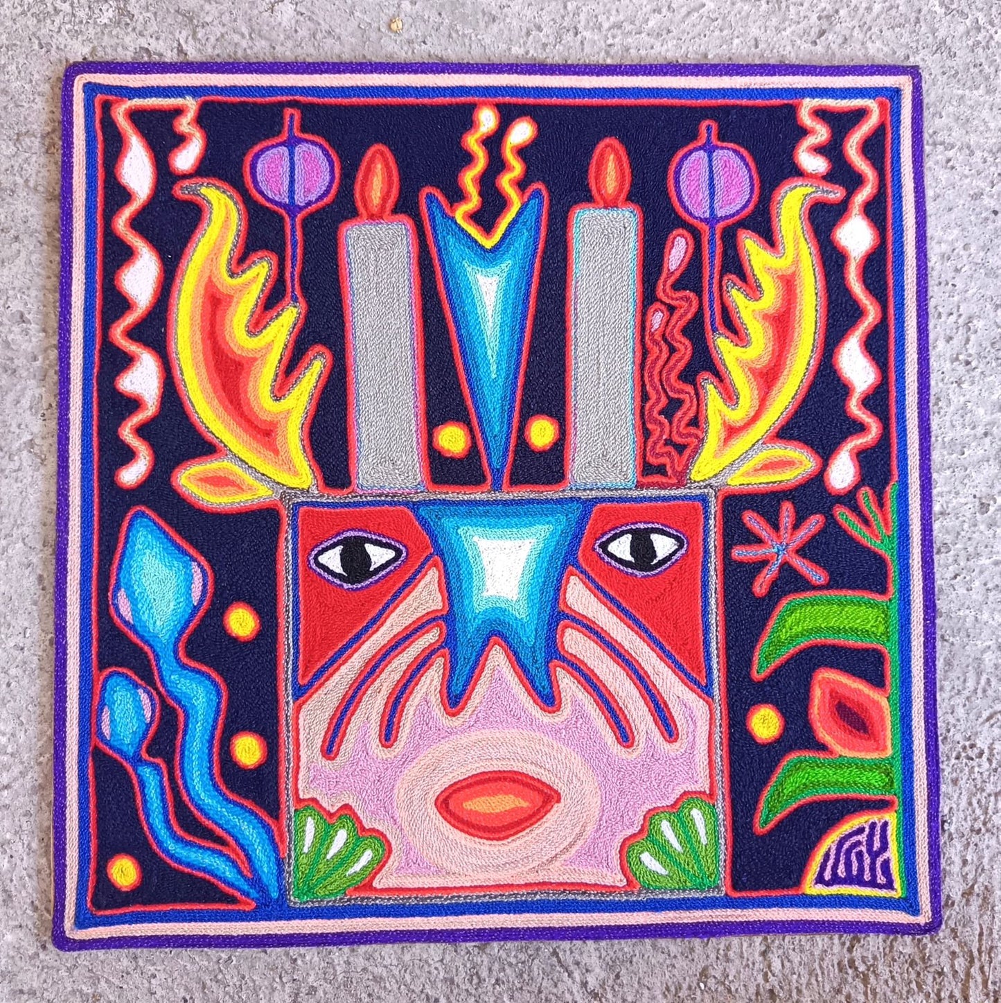 Mexican Folk Art Huichol Yarn Painting by Cooperativa Zitacua PP9303 Oaxaca