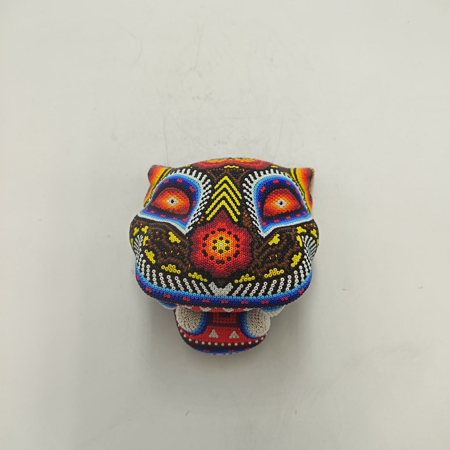 Mexican Huichol Hand Beaded Jaguar Head By Santos Bautista PP9334