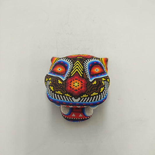 Mexican Huichol Hand Beaded Jaguar Head By Santos Bautista PP9334