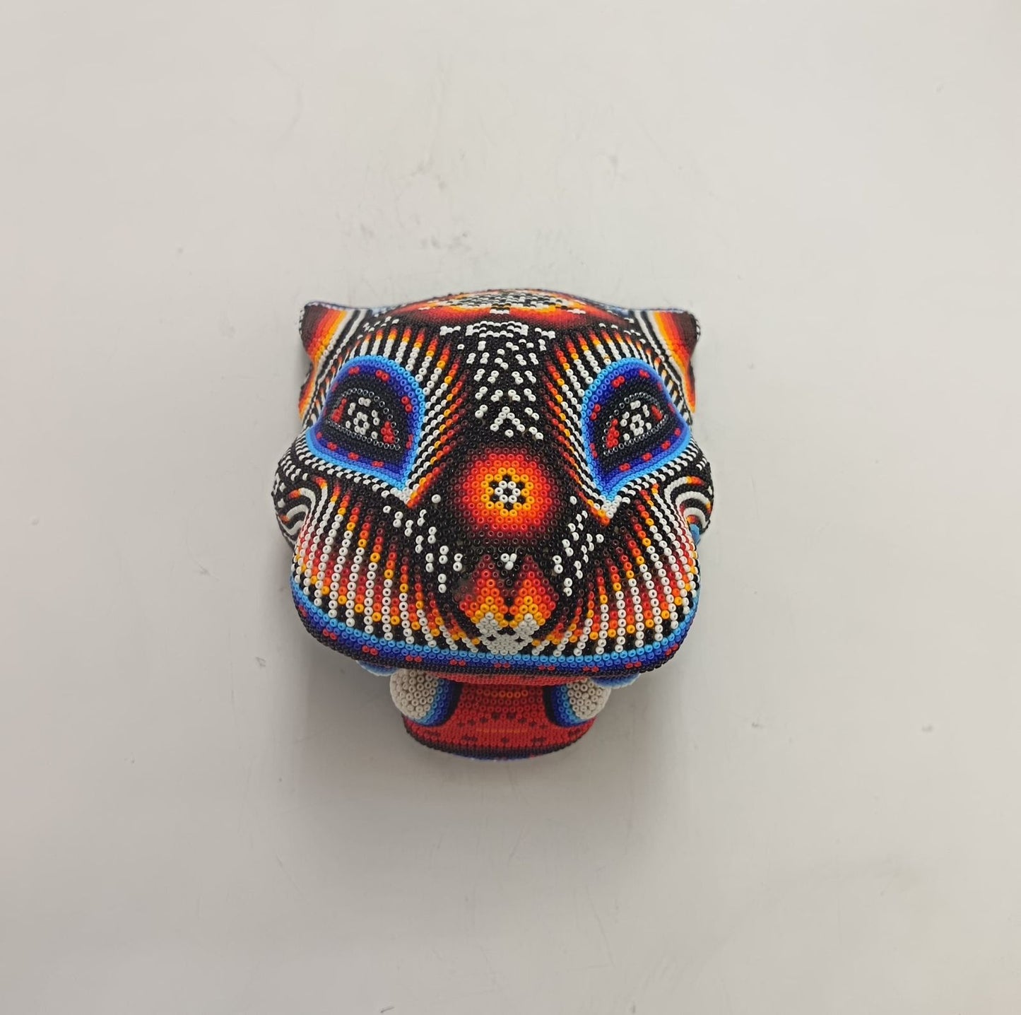 Mexican Huichol Hand Beaded Jaguar Head By Santos Bautista PP9336
