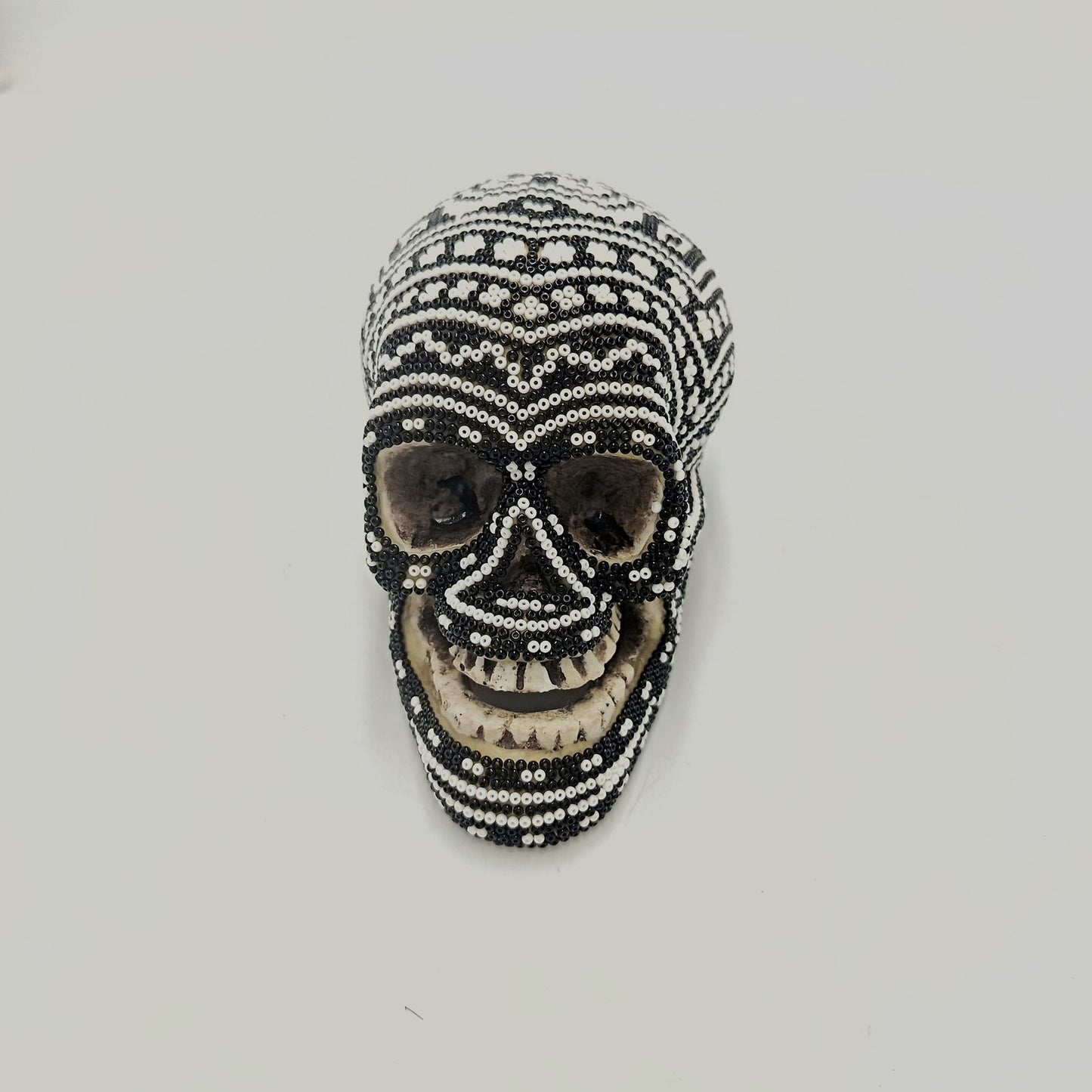 Huichol Hand Beaded Cast Resin Human Skull By Santos Bautista PP9337
