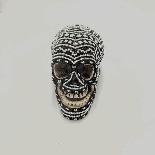 Huichol Hand Beaded Cast Resin Human Skull By Santos Bautista PP9337