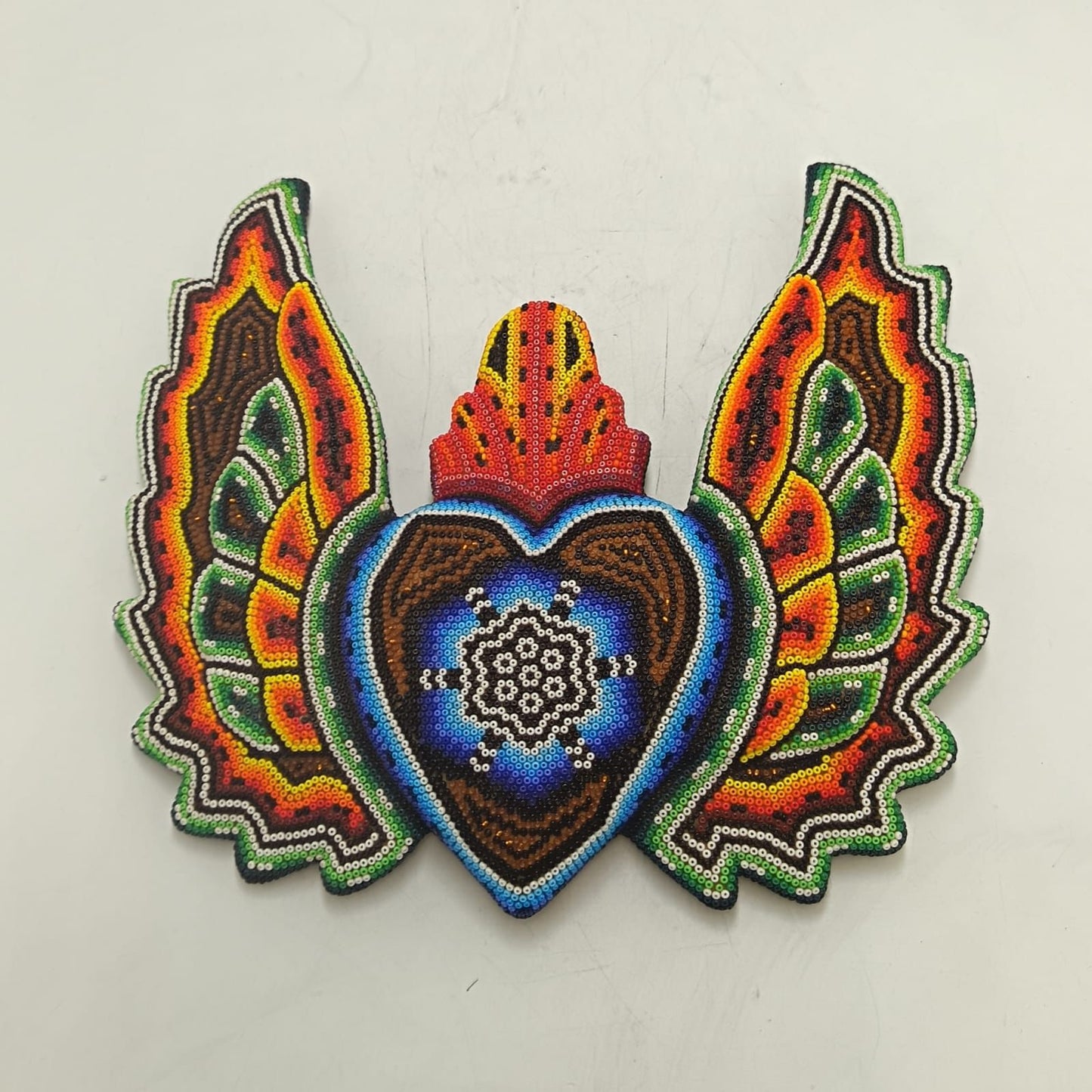 Huichol Hand Beaded Mexican Folk Art Heart with Wings By Santos Bautista PP9338