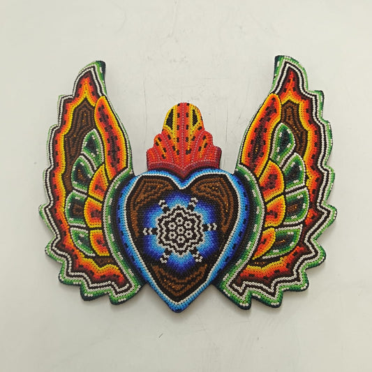 Huichol Hand Beaded Mexican Folk Art Heart with Wings By Santos Bautista PP9338