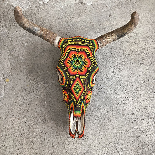 Huichol Indian Hand Beaded Bull Skull By Santos Bautista PP9344