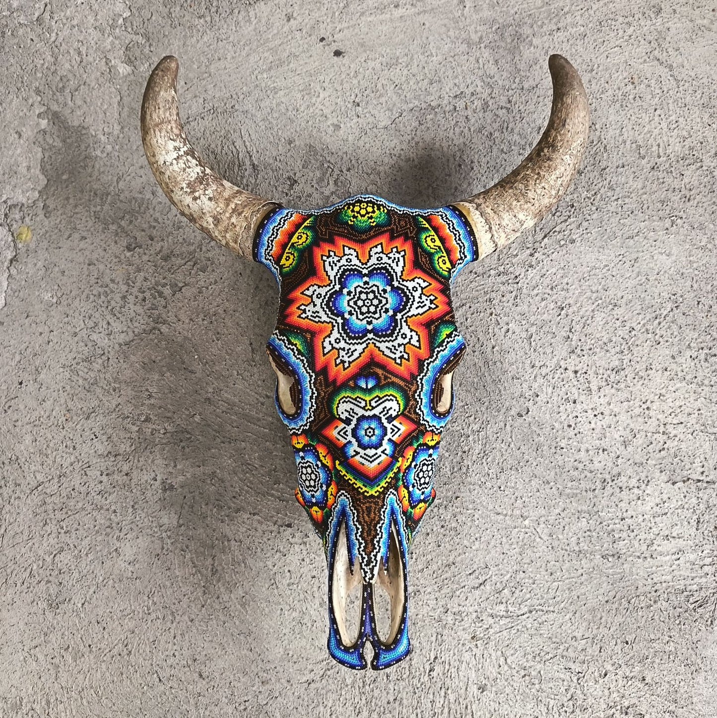 Huichol Indian Hand Beaded Bull Skull By Santos Bautista PP9345