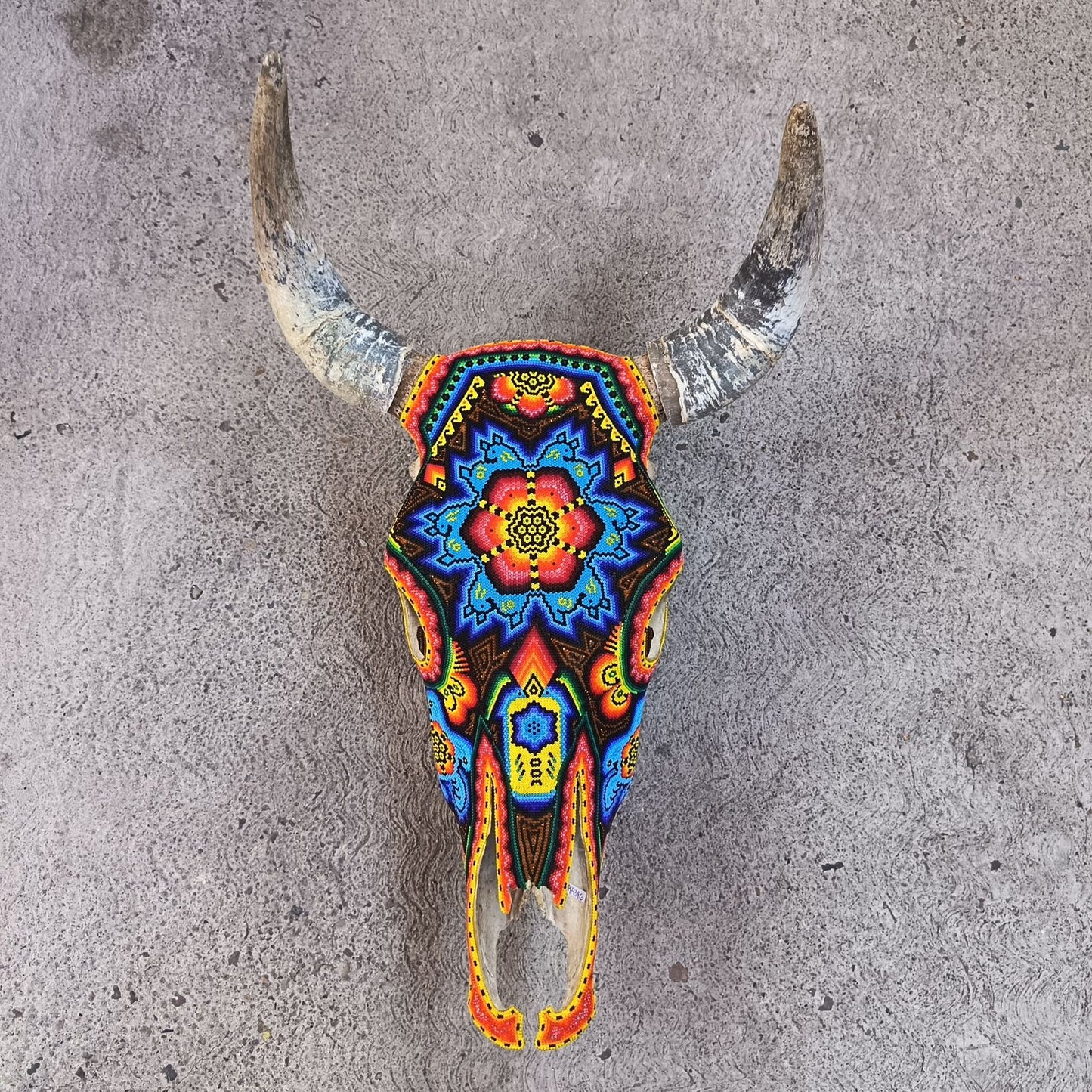 Huichol Indian Hand Beaded Bull Skull By Santos Bautista PP9346