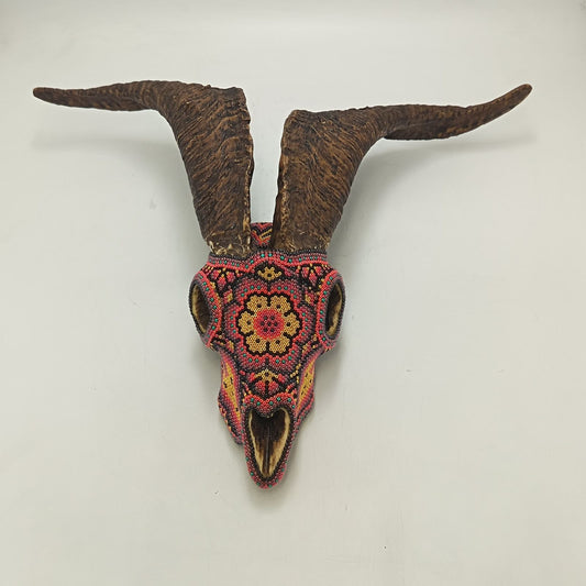 Huichol Indian Hand Beaded Cast Resin of a Goat Skull by Isandro Villa Lopez PP9382