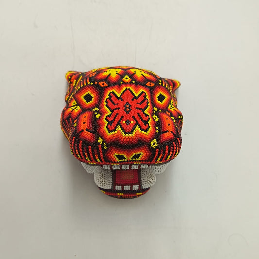 Huichol Mexican Hand Beaded Jaguar Head By Isandro Villa Lopez PP9384