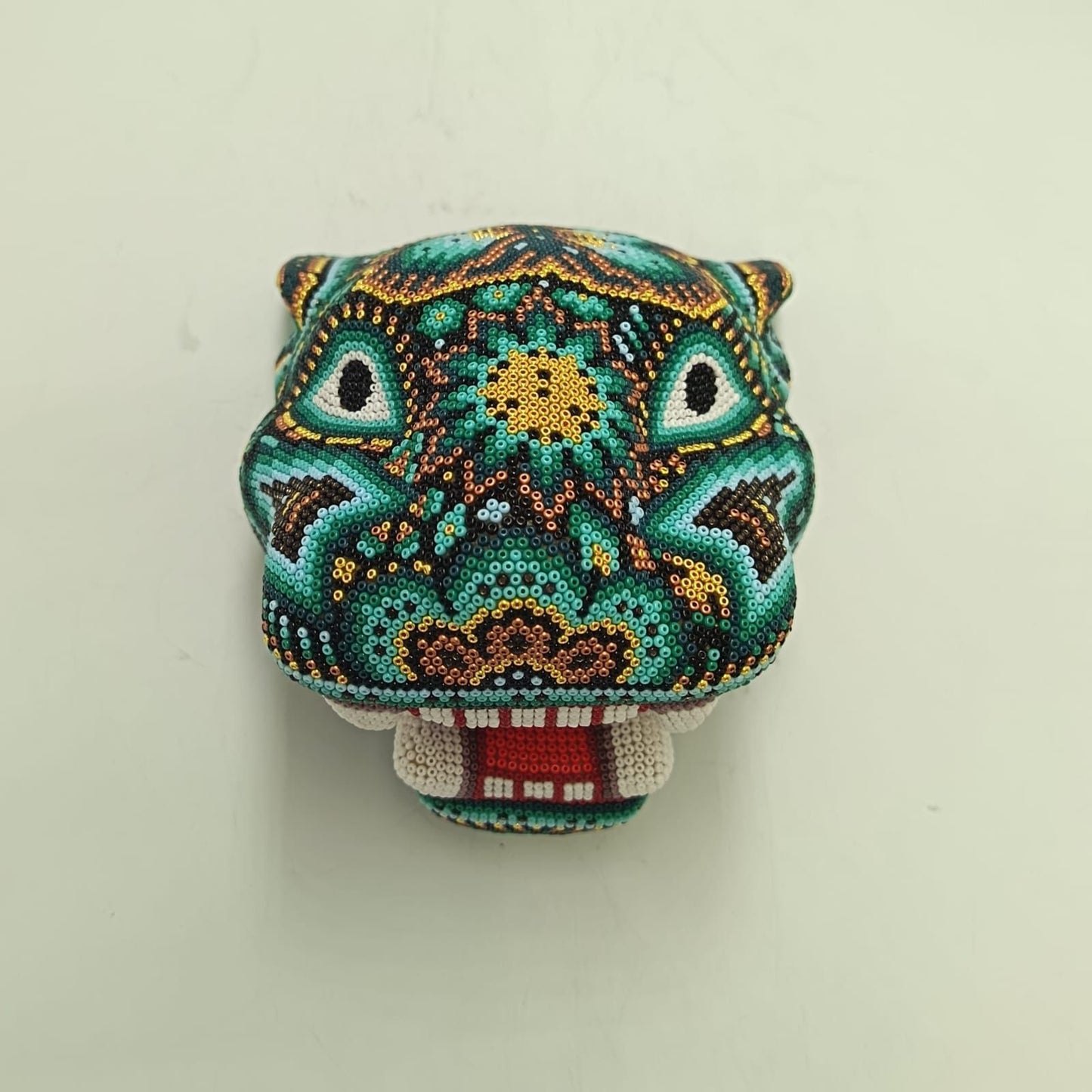 Huichol Mexican Hand Beaded Jaguar Head By Isandro Villa Lopez PP9385