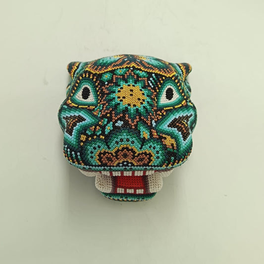 Huichol Mexican Hand Beaded Jaguar Head By Isandro Villa Lopez PP9385