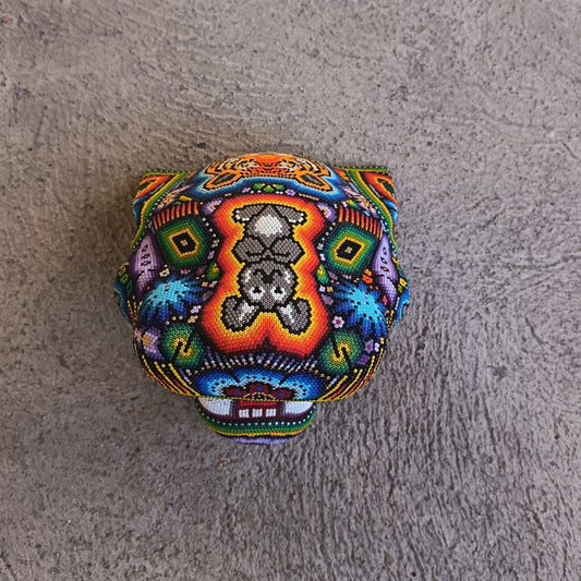 Huichol Mexican Hand Beaded Jaguar Head By Isandro Villa Lopez PP9387