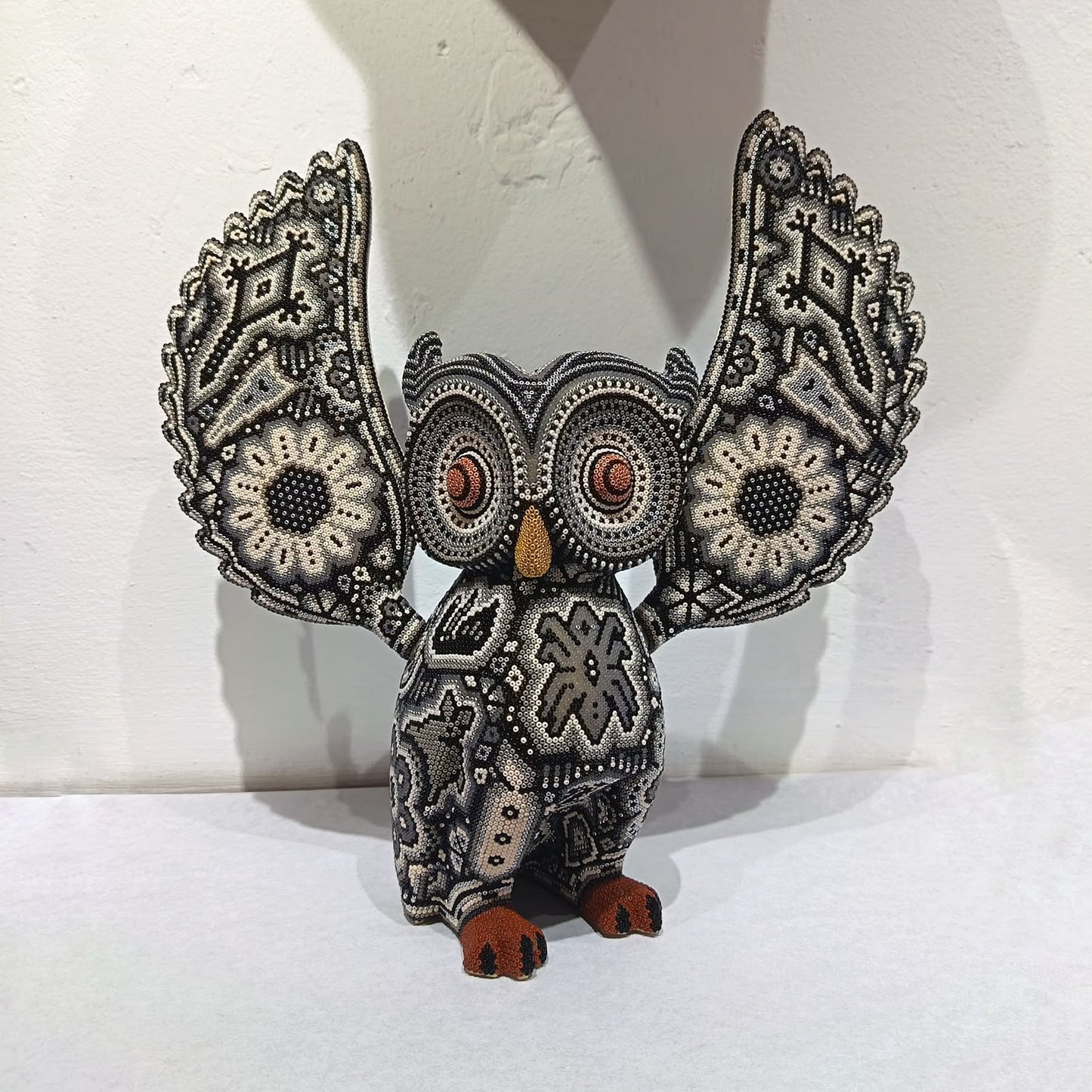 Mexican Huichol Hand Beaded Art, Owl By Isandro Villa Lopez PP9395