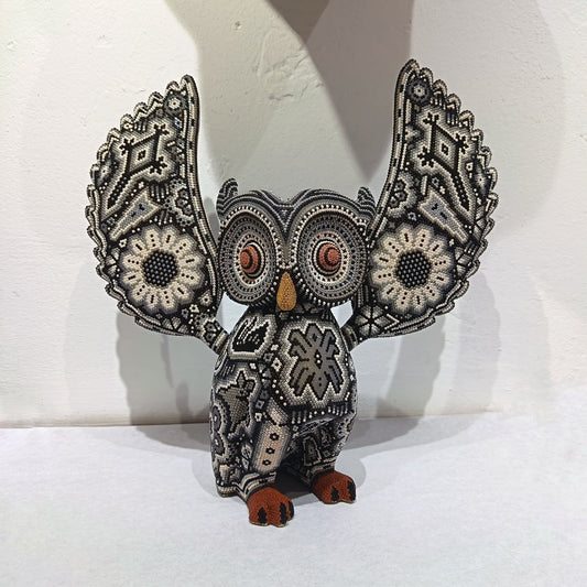 Mexican Huichol Hand Beaded Art, Owl By Isandro Villa Lopez PP9395