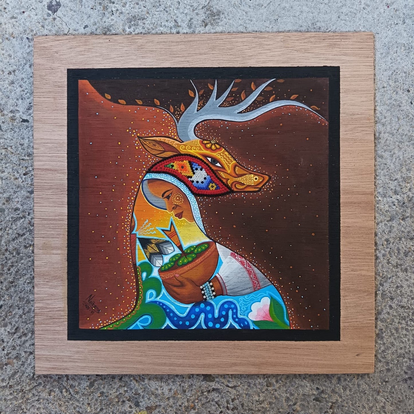 Huichol Mexican Folk Art Yarn Painting by Neikame PP9401