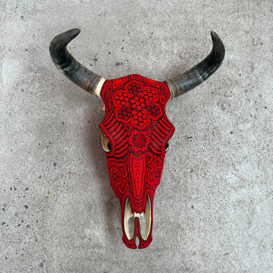 Huichol Bead Art Mexican Folk Art,  Bull Skull By Mayola Villa Lopez PP9480