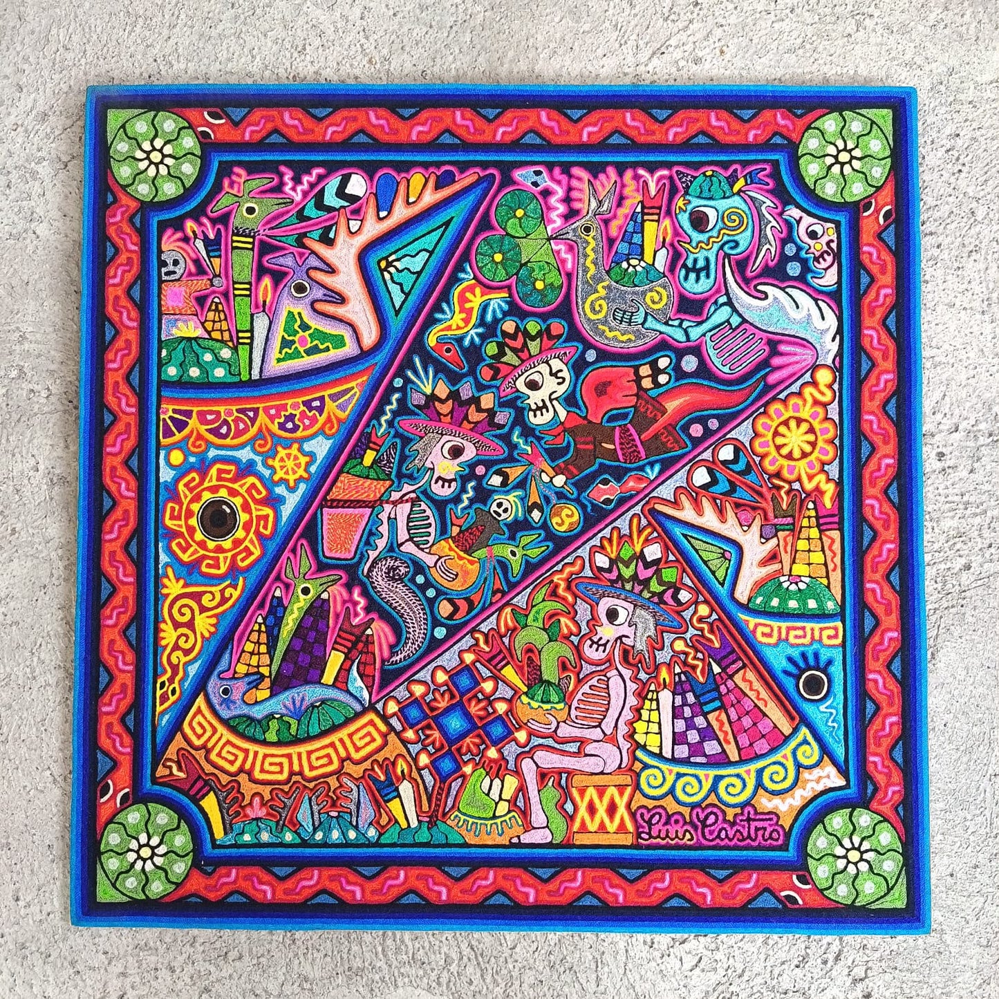Mexican Folk Art Huichol Indian Yarn Painting by Luis Castro PP9481