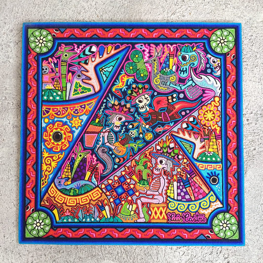 Mexican Folk Art Huichol Indian Yarn Painting by Luis Castro PP9481