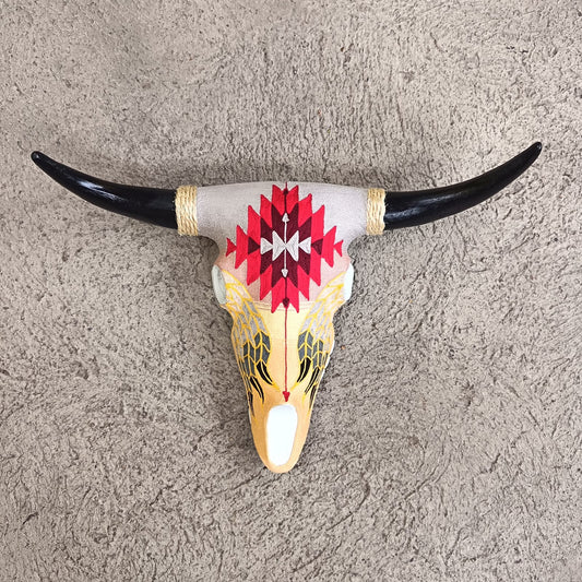 Mexican Folk Art Huichol Yarn Painting on Bull Skull By Alfredo Meraz Reyna PP9494