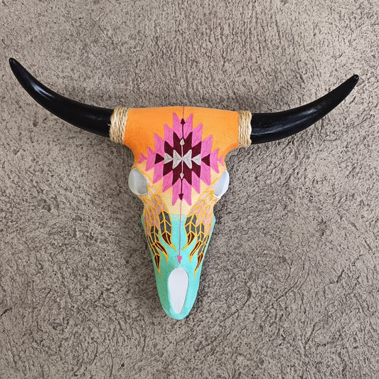 Mexican Folk Art Huichol Yarn Painting on Bull Skull By Alfredo Meraz Reyna PP9495