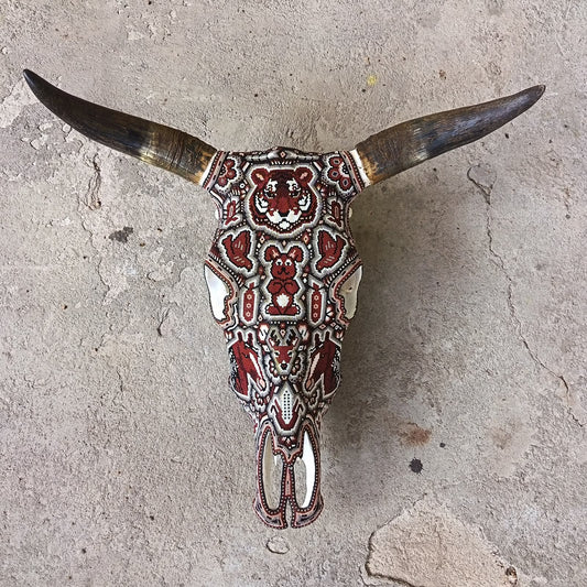 Mexican Folk Art Huichol Hand Beaded Bull Skull By Isandro Villa Lopez PP9509