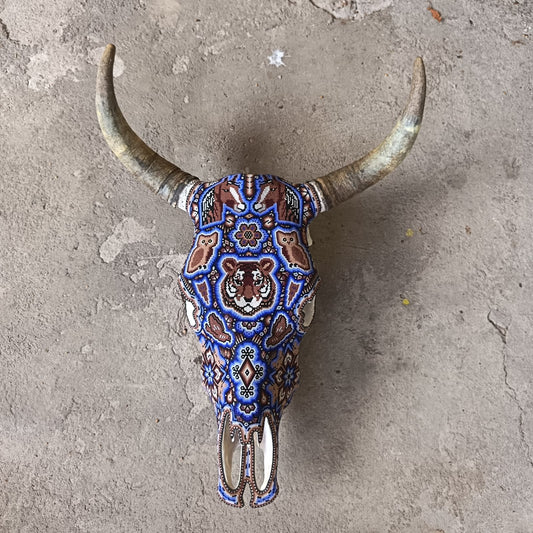 Mexican Folk Art Huichol Hand Beaded Bull Skull By Isandro Villa Lopez PP9510