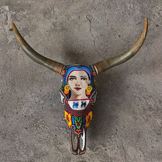 Mexican Folk Art Huichol Hand Beaded Bull Skull By Isandro Villa Lopez PP9511