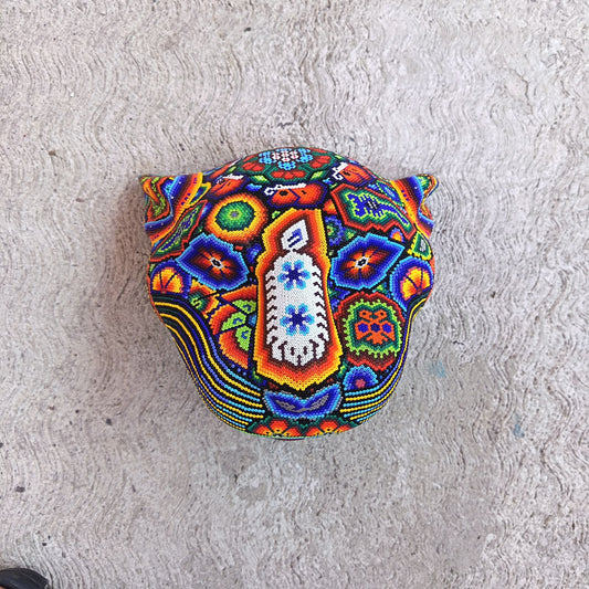 Mexican Huichol Hand Beaded Jaguar Head By Santos Bautista PP9524