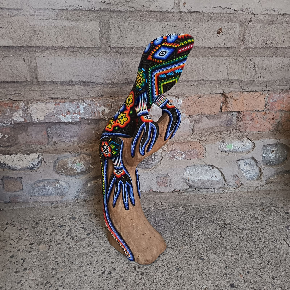 Mexican Folk Art Huichol Beaded Iguana By Santos Bautista PP9526